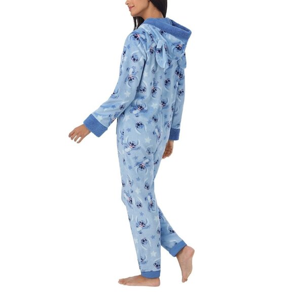 Disney Women's Stitch One-Piece Pajama Hooded Fleece Small Blue N0461 - Picture 4 of 9